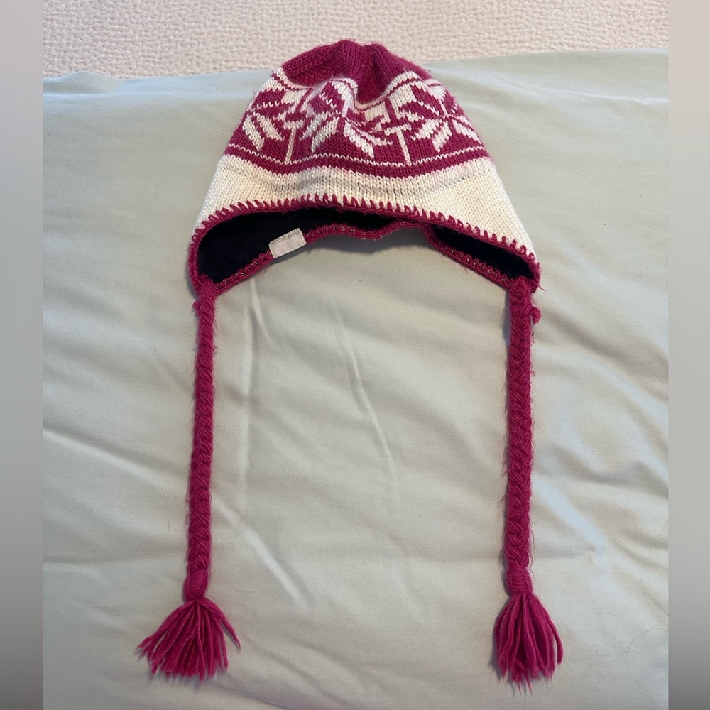 Columbia Knit Hat with Earflaps - Pink and Cream